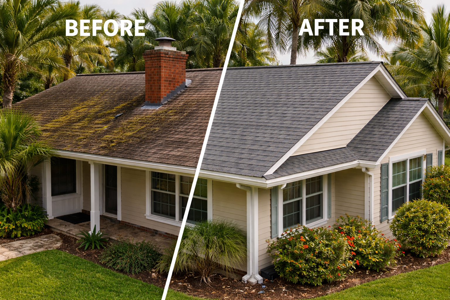 Before and after shingle roof replacement on Tampa home showing damaged roof and new installation