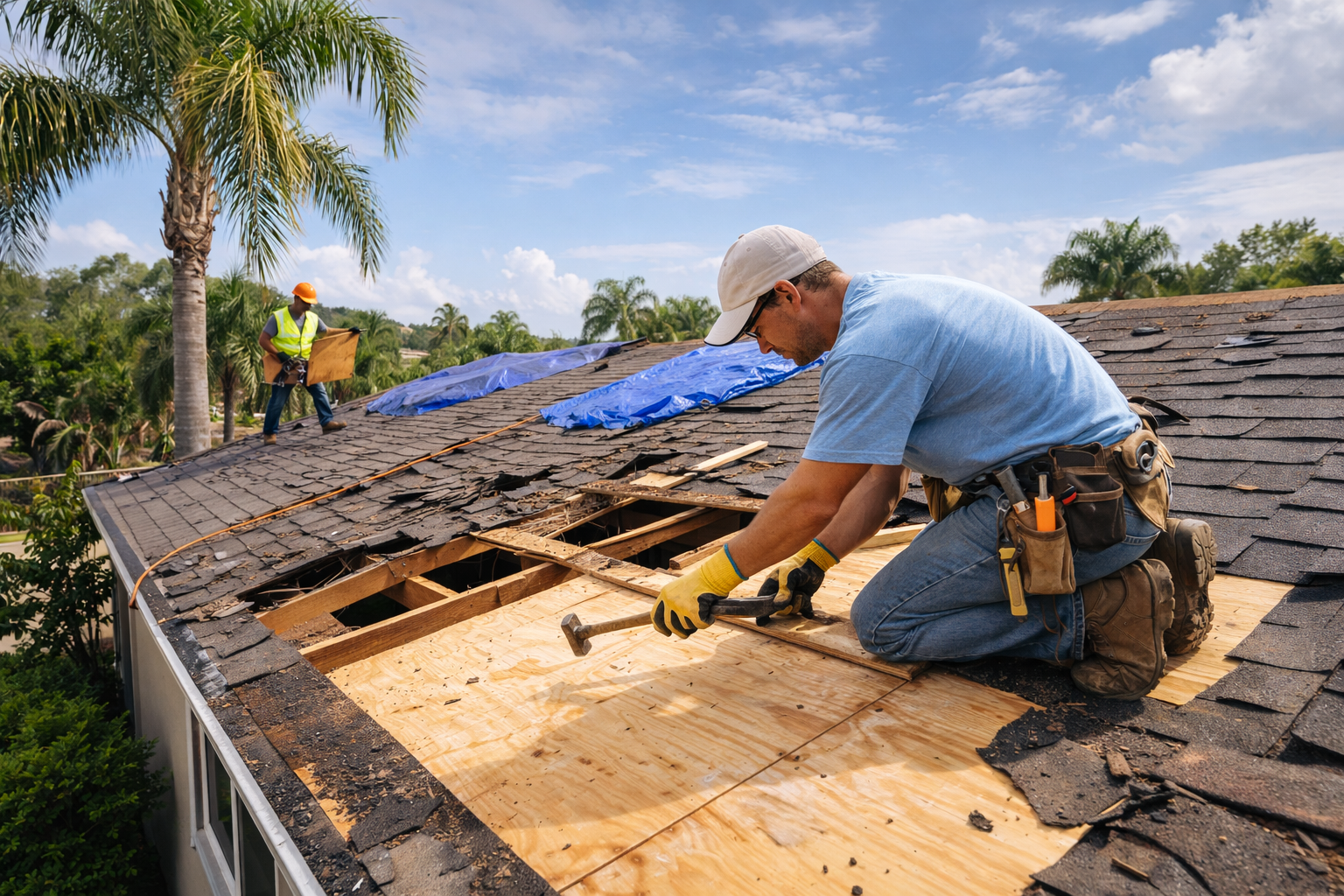 Roofers inspecting and repairing roof damage on home in Tampa Florida