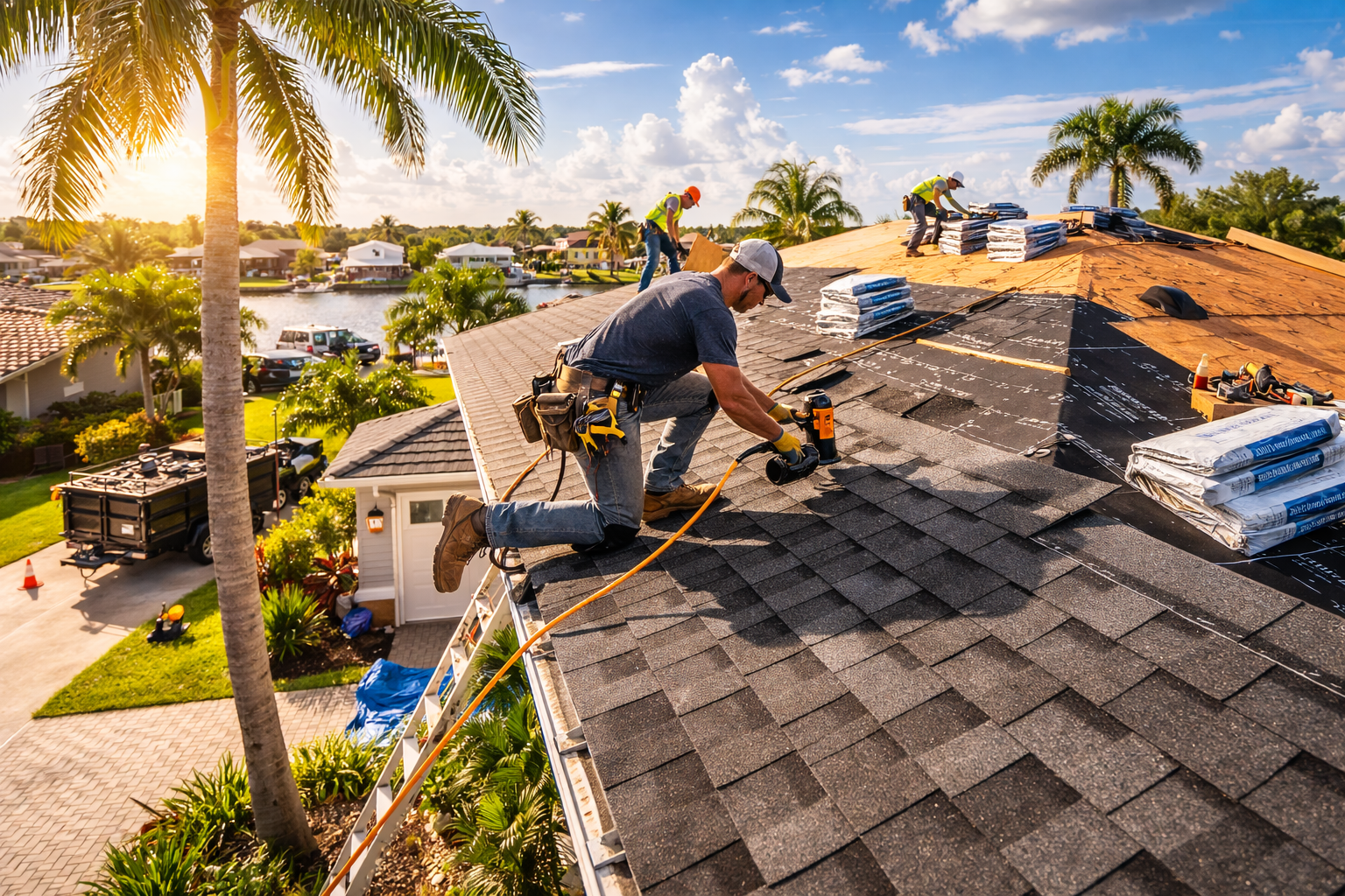 Roof repair in progress with workers fixing shingles on Tampa residential property