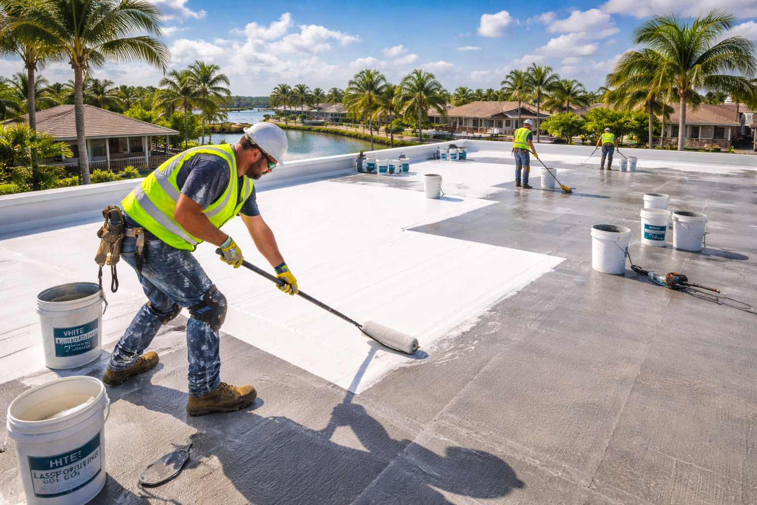 Professional roofing crew performing roof repair on Tampa home