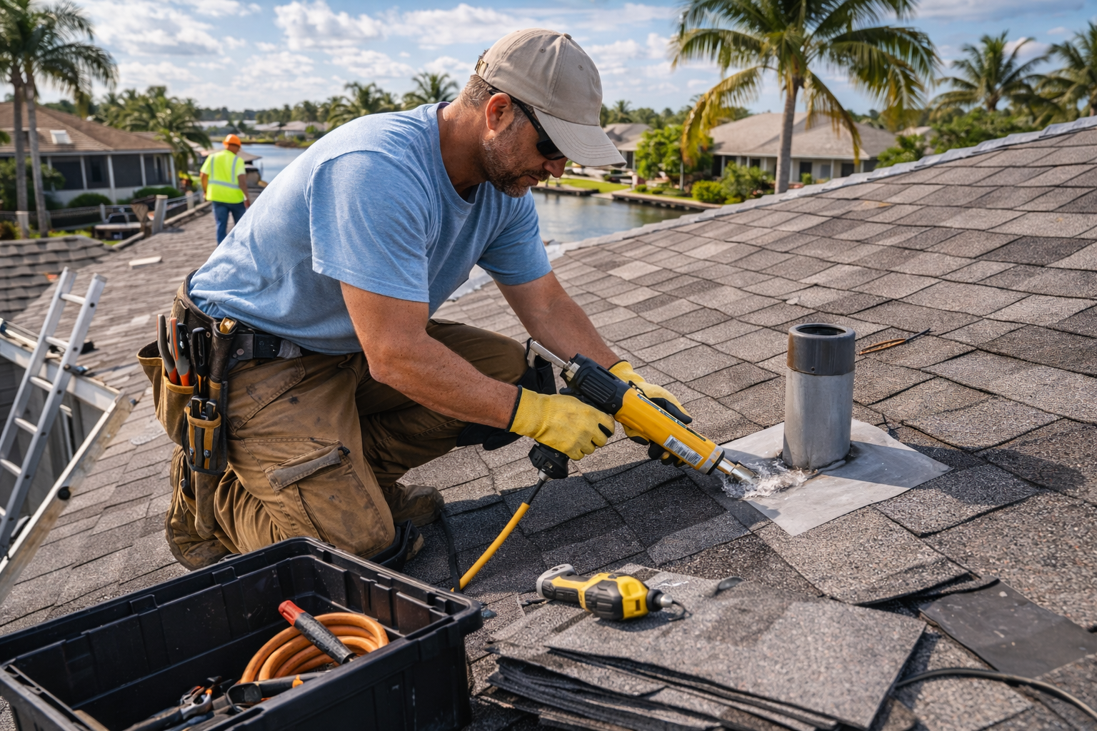 Roofers repairing damaged shingles on residential roof in Tampa Florida
