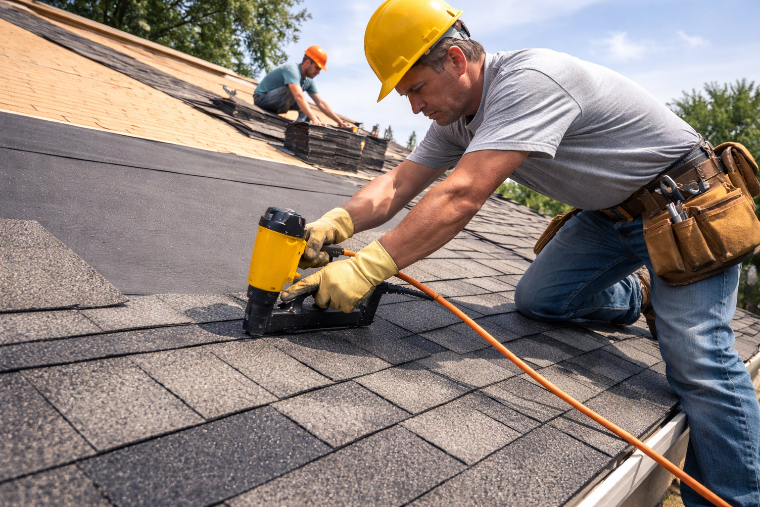 Tampa roof replacement project with lush greenery