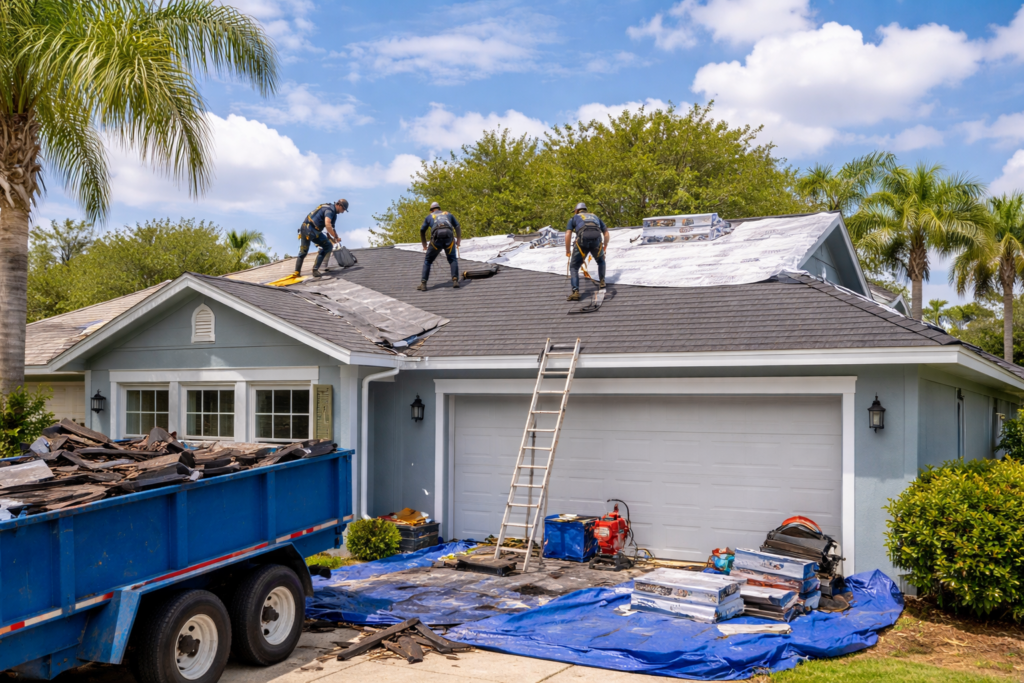 Roofers installing a new roof on a home in tampa florida