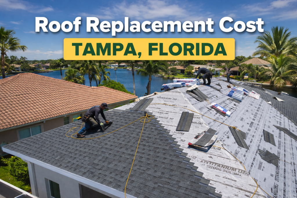 How Much Does Roof Replacement Cost in Tampa, Florida? (2026 Homeowner Guide) Roof replacement project in Tampa Florida showing workers installing new shingles on a residential home