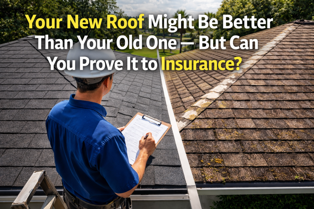 Your New Roof Might Be Better Than Your Old One — But Can You Prove It to Insurance? Tampa roofer inspecting a new roof next to an older worn roof with featured image text about proving a roof replacement to insurance.