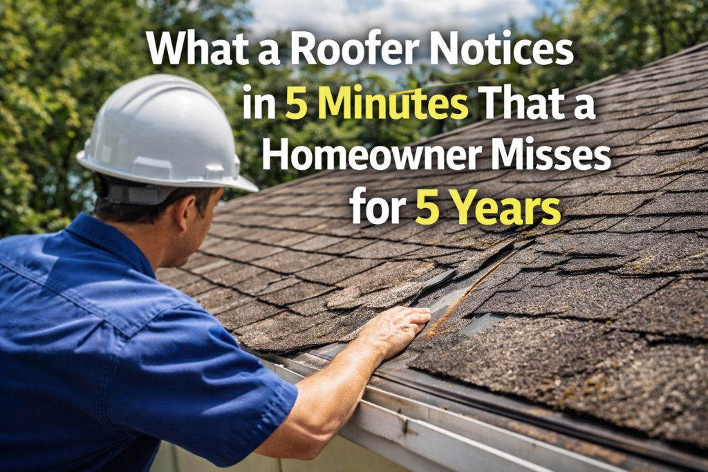 What a Roofer Notices in 5 Minutes That a Homeowner Misses for 5 Years Tampa roofer inspecting worn asphalt shingles and roof damage with featured image text reading what a roofer notices in 5 minutes that a homeowner misses for 5 years.